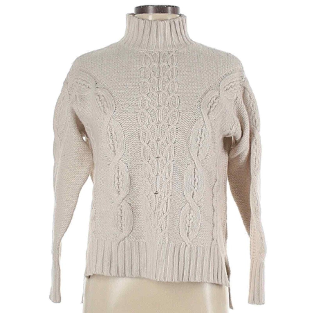 Tahari Beige Cable Knit Wool Mock Neck Turtleneck Sweater Size XS